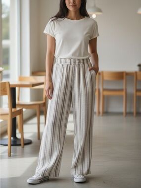 Love Tree Beige and Brown Striped Straight-Leg Pants with Pockets, Small
